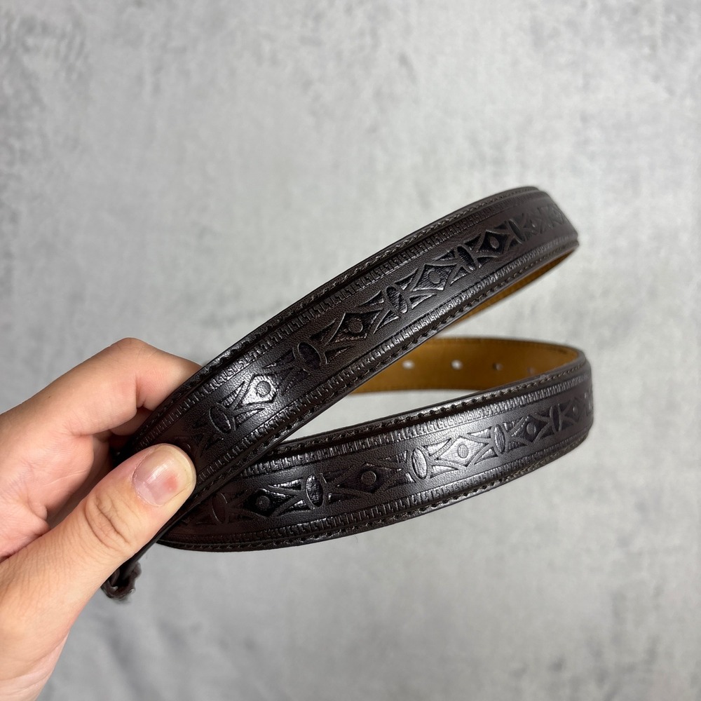 Genuine Leather Belt Italian Style L 38-40 Dark Brown Embossed Geometric Pattern
